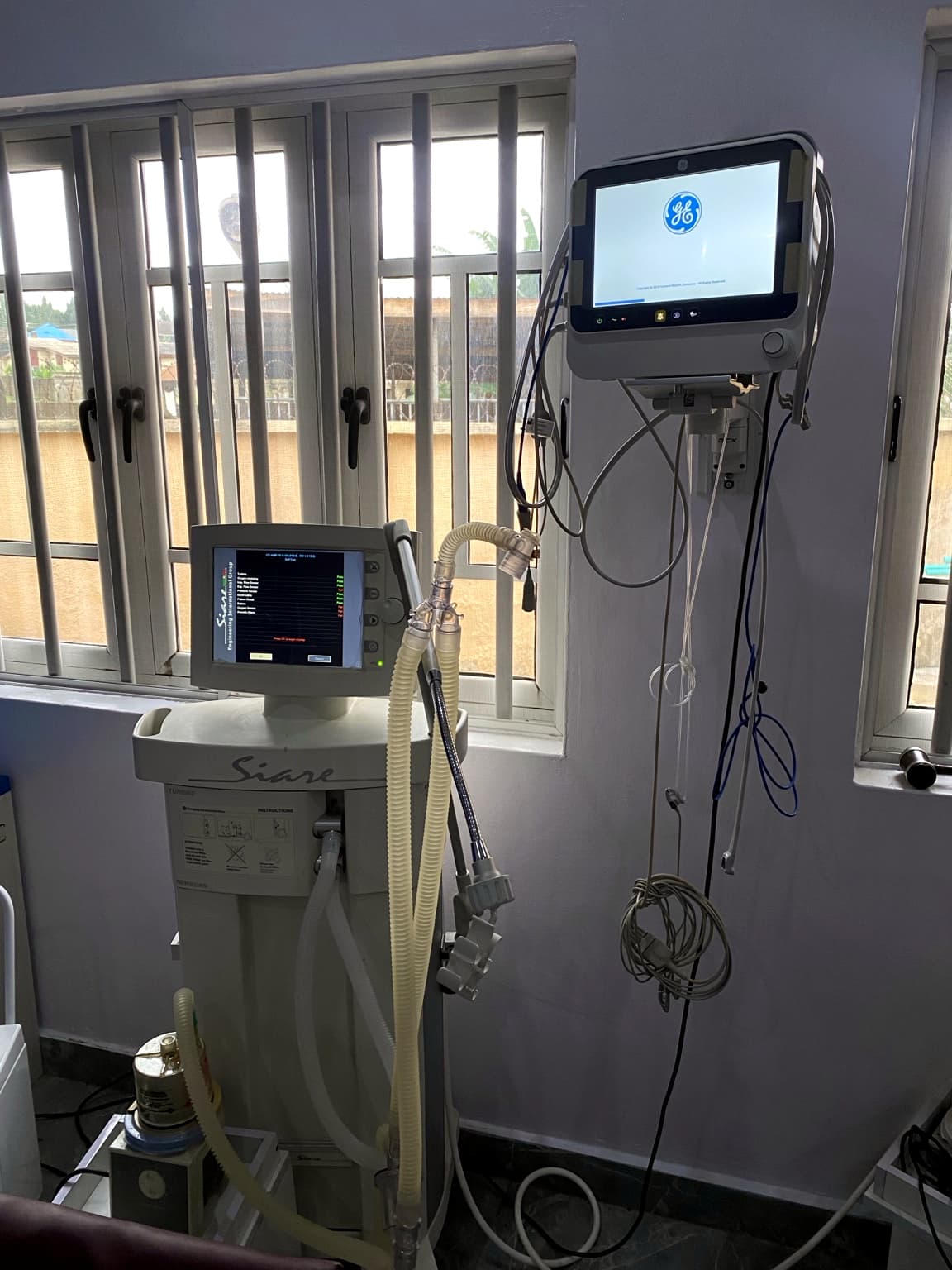 Ventilator and wall-mounted patient monitor at Banby Specialist Hospital in Ibadan