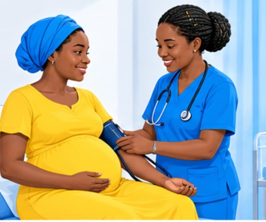 Illustration of a midwife checking the blood pressure of a pregnant woman seated on an examination couch, with a cot beside them