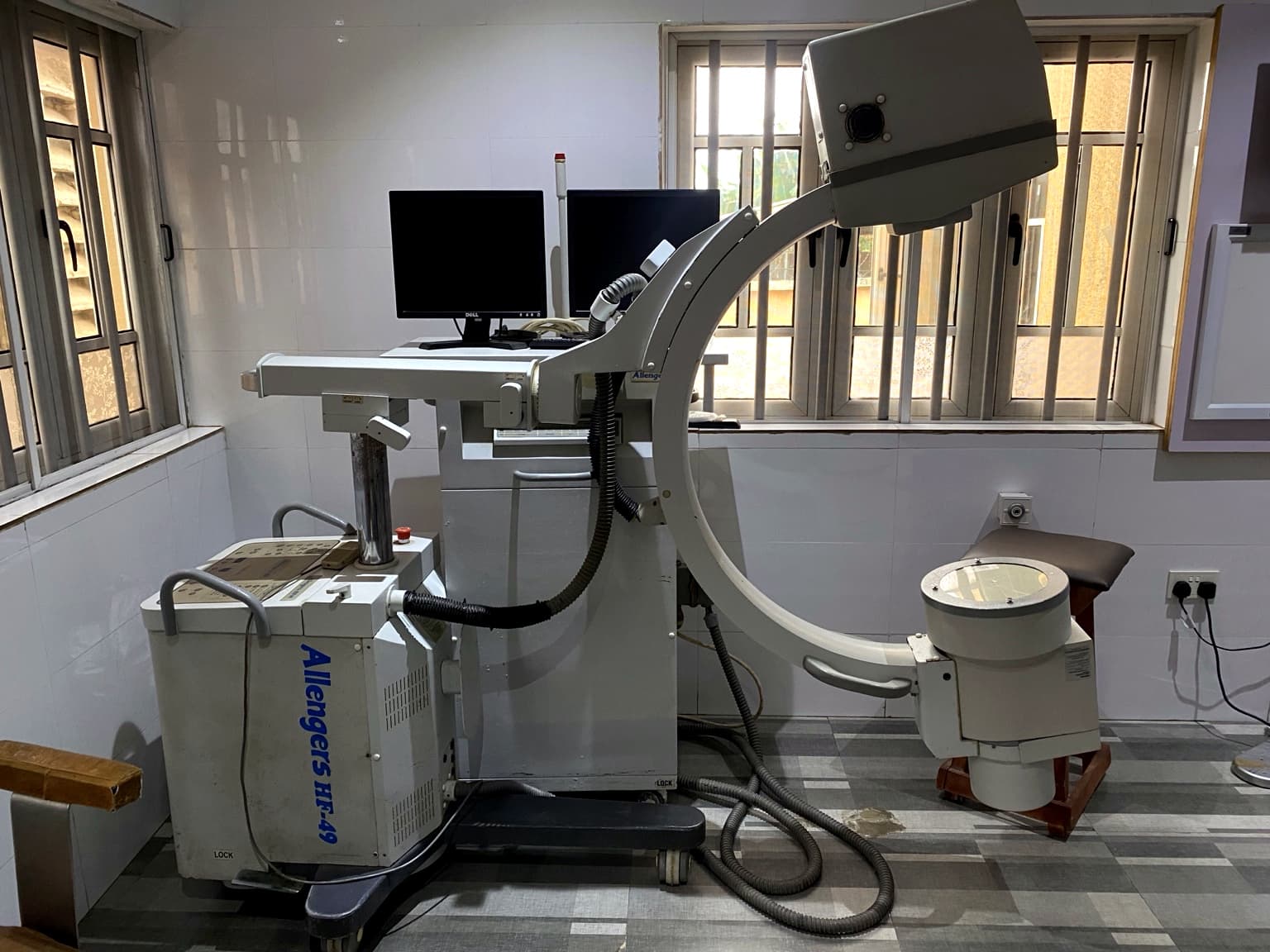 X-ray unit at Banby Specialist Hospital in Ibadan, with its C-arm, control console and viewing monitors